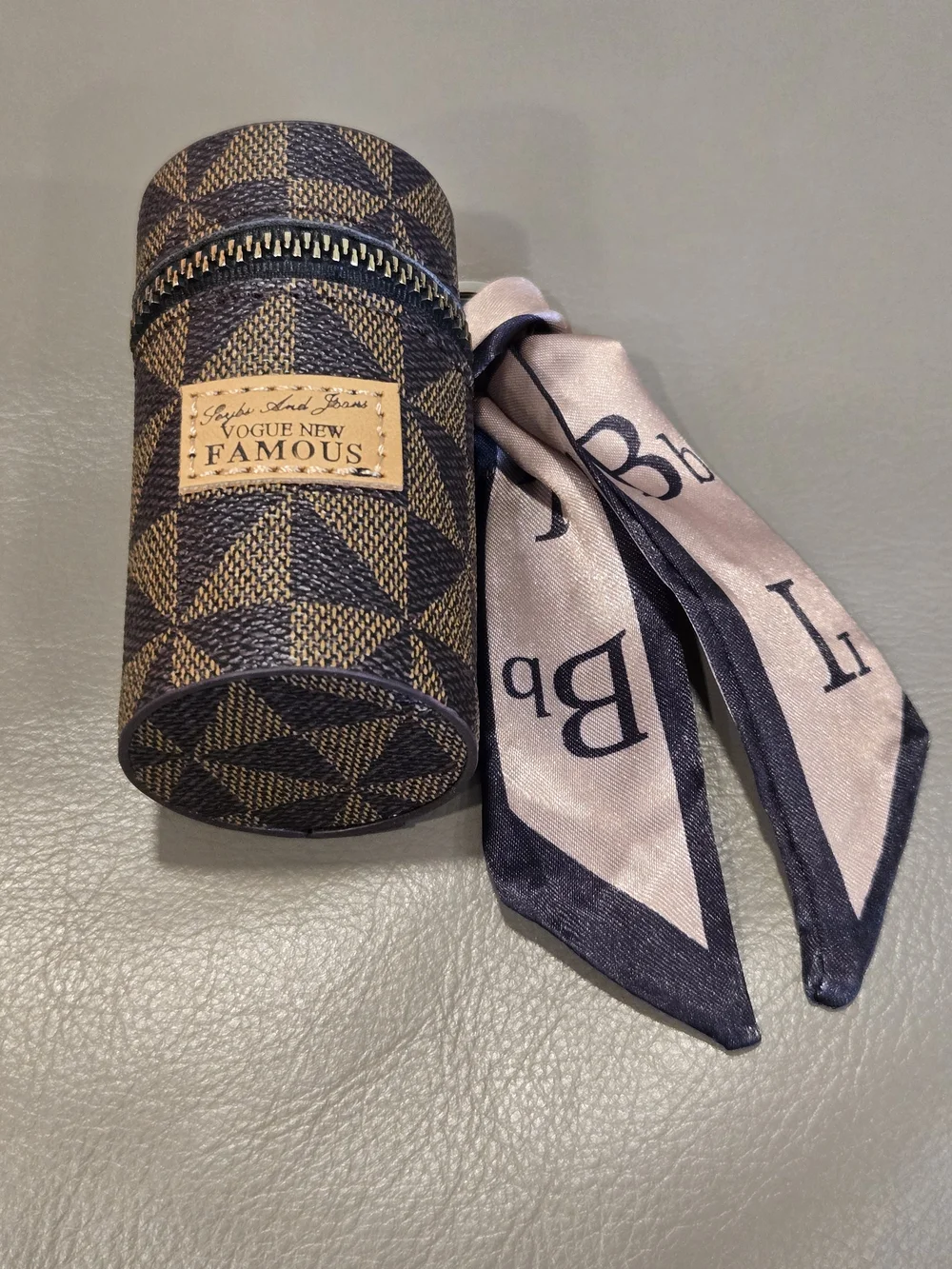 Lipstick Case With Brown Checkered Pattern with Pink and Black Scarf